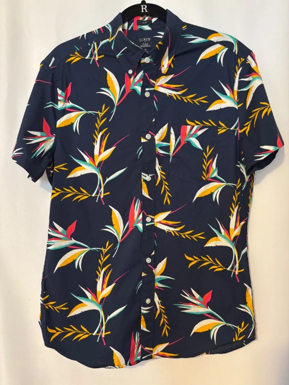 J.Crew Slim Fit Tropical Floral Button Shirt Navy Short Sleeve Men M
